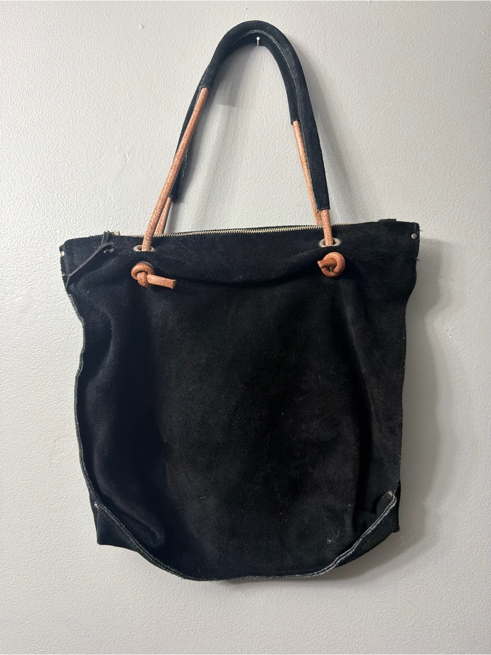 Dean Black Suede Tote Bag with Tan Handle Accents - Picture 4 of 11